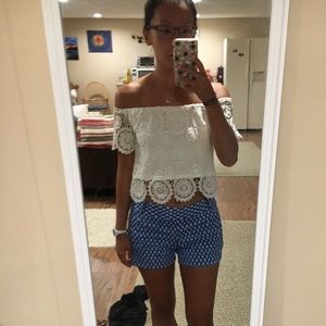 Tobi Off shoulder lace crop top